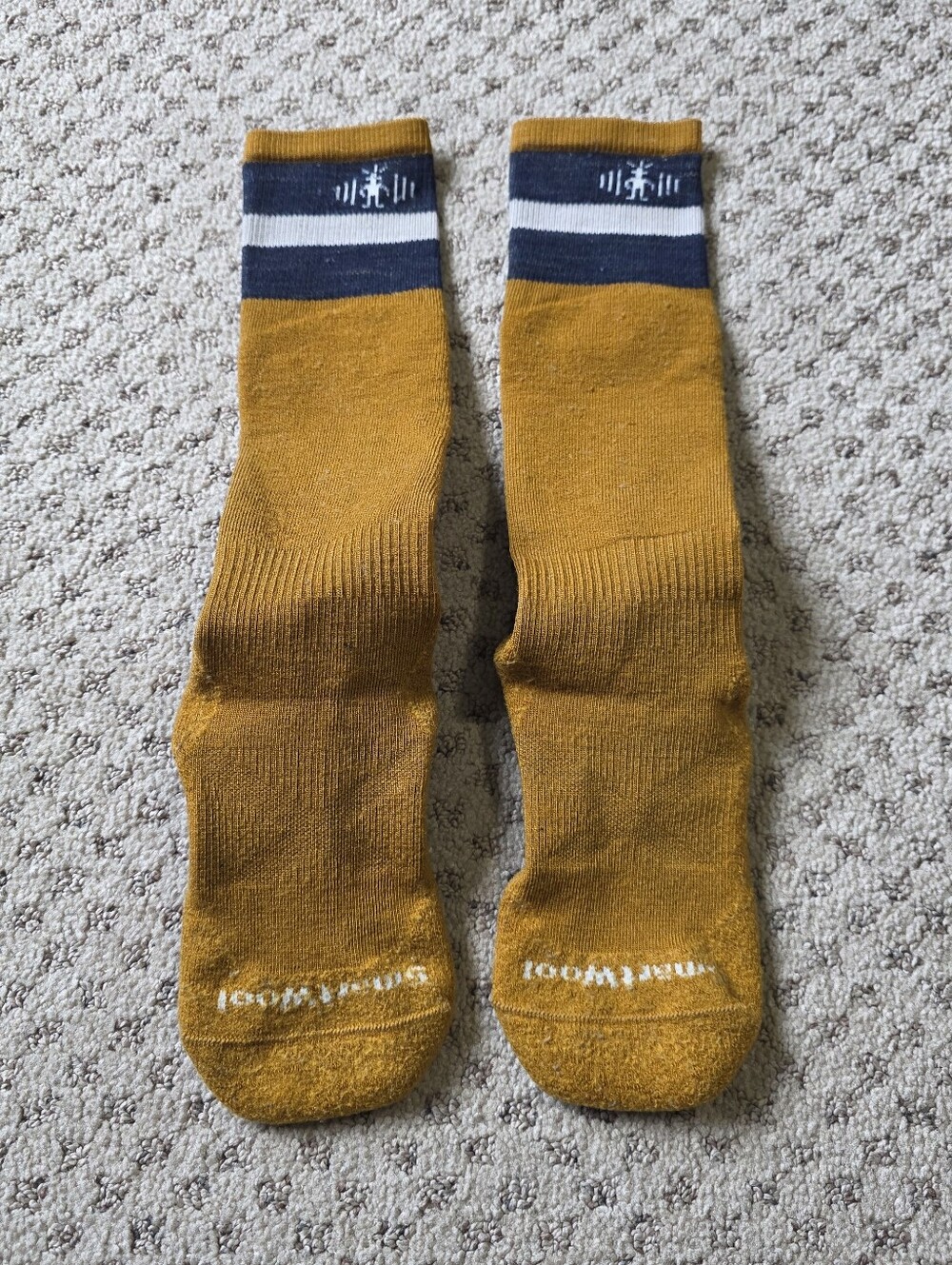 Smartwool Men's Mustard Crew Socks with Navy and White Stripes